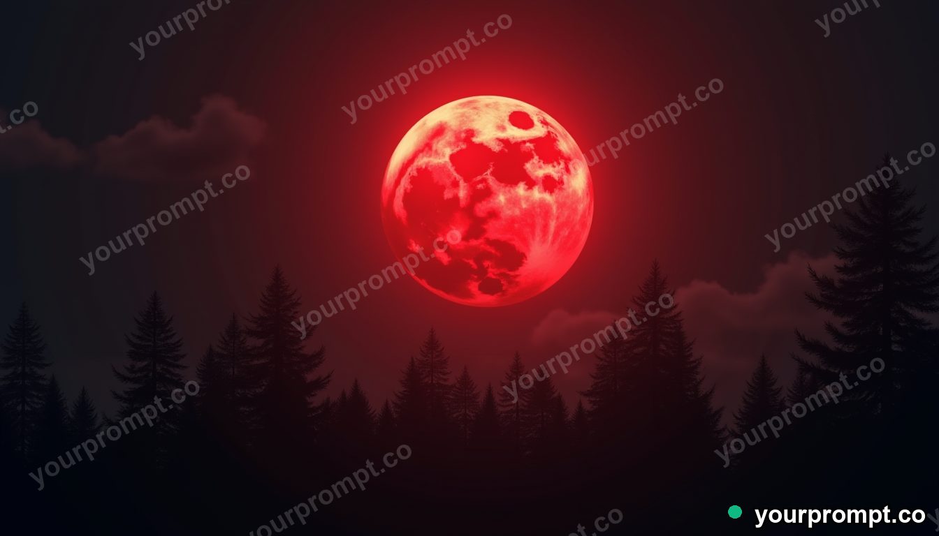 An eerie red blood-moon eclipse over silhouetted trees