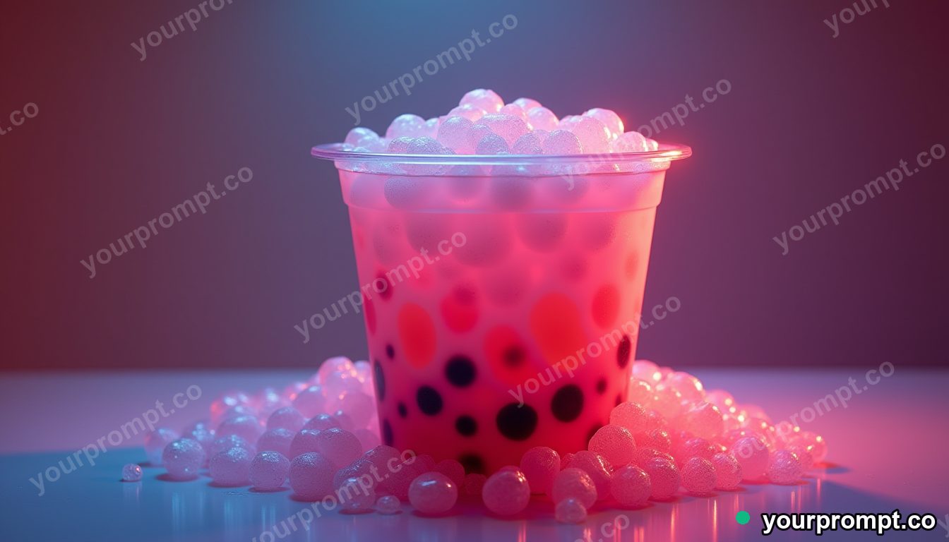 A neon-lit boba tea with tapioca pearls