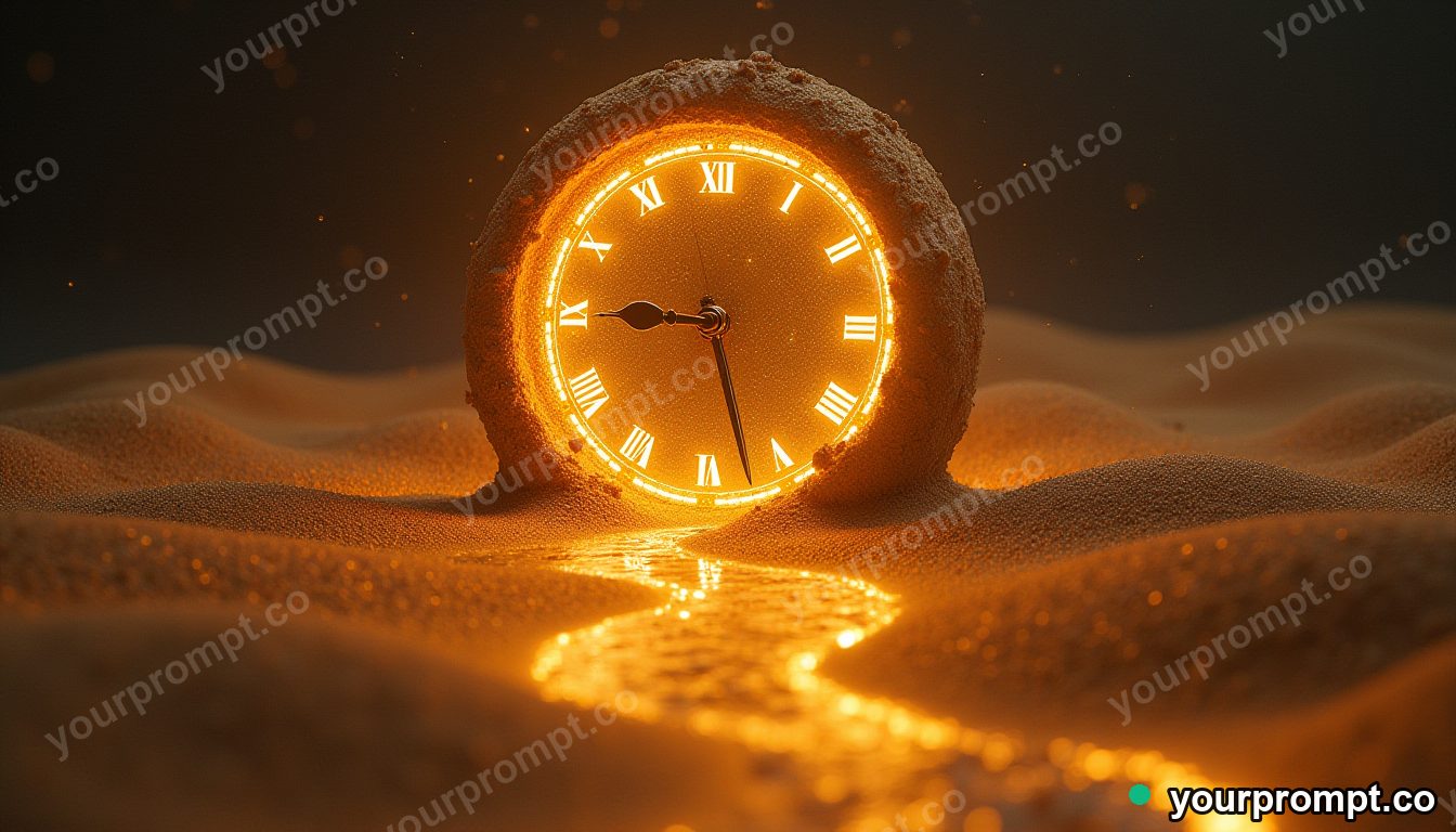 A giant clock melting into a river of golden sand