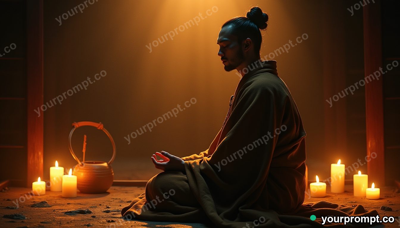 A serene monk meditating in candlelight, fictional