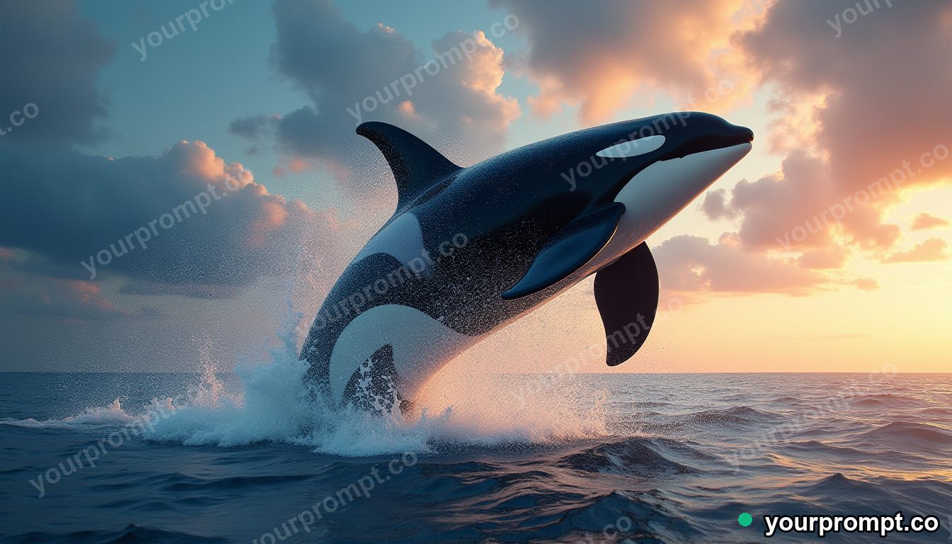 An orca breaching against a dramatic sky