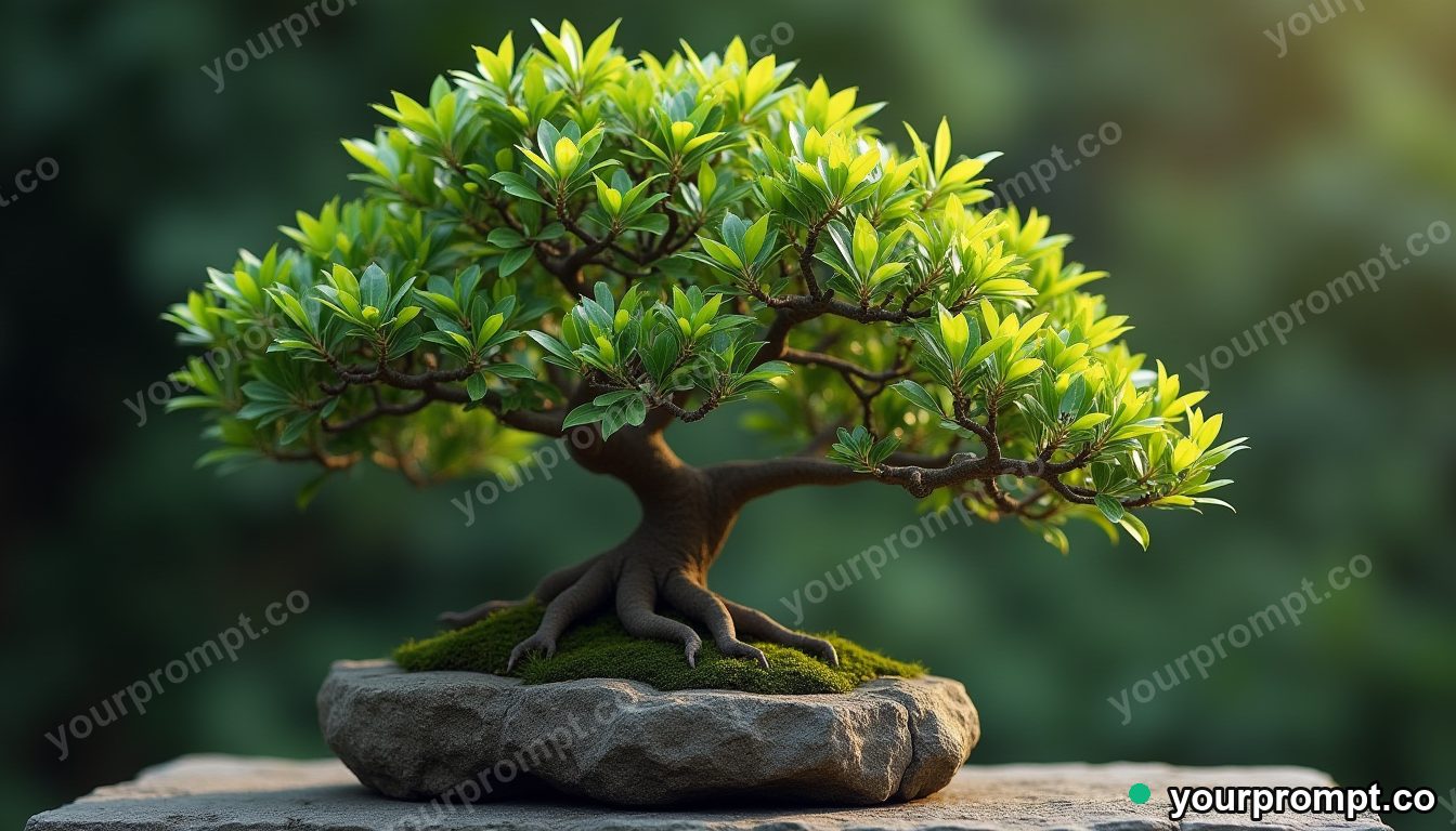A bonsai tree with tiny perfect leaves on a stone
