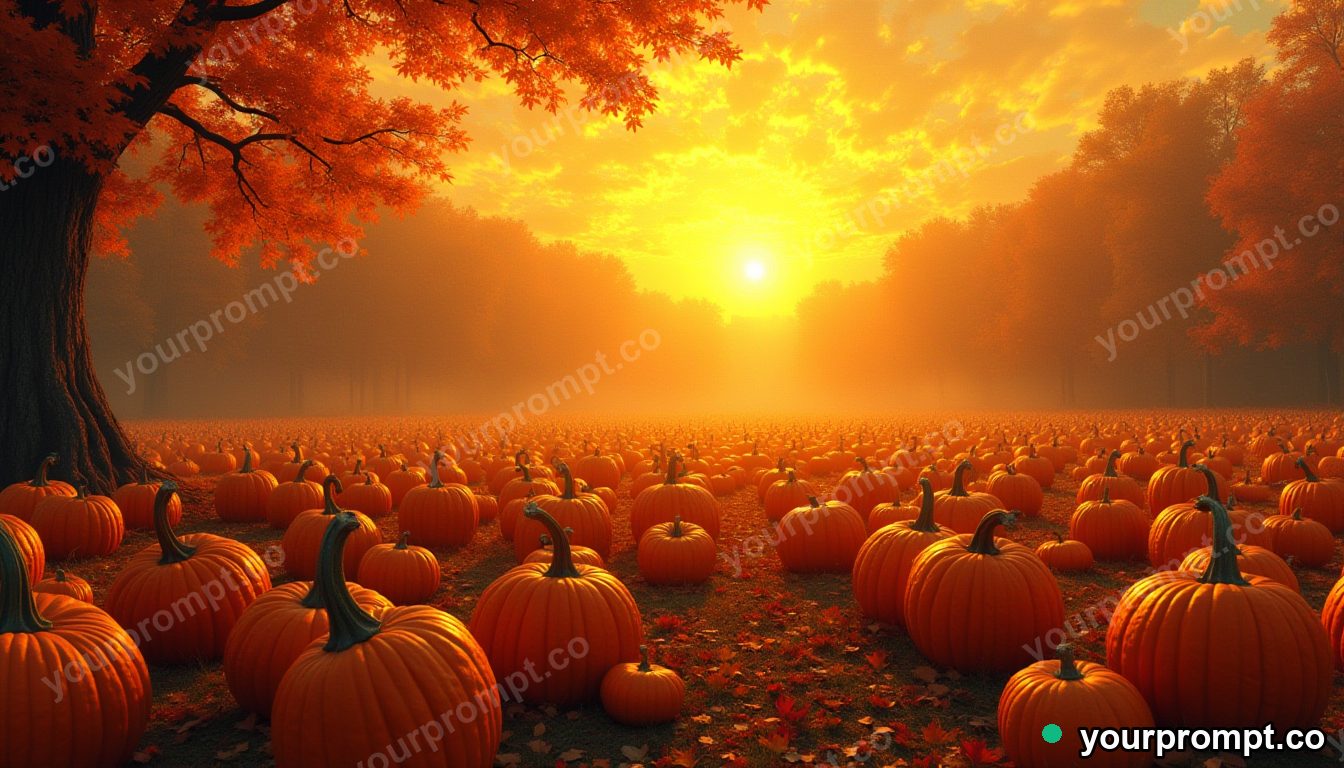 A pumpkin patch under a golden autumn sky