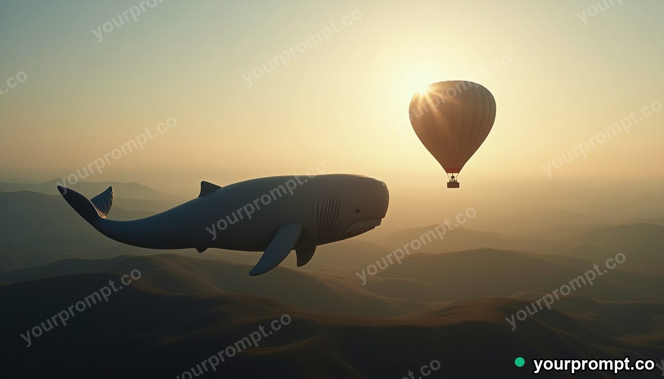 A hot-air balloon shaped like a whale over hills