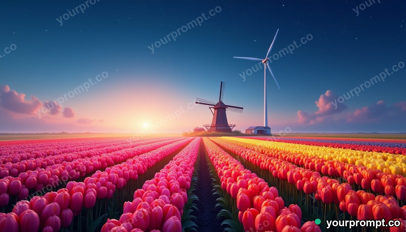 A tulip field in rainbow rows under a windmill