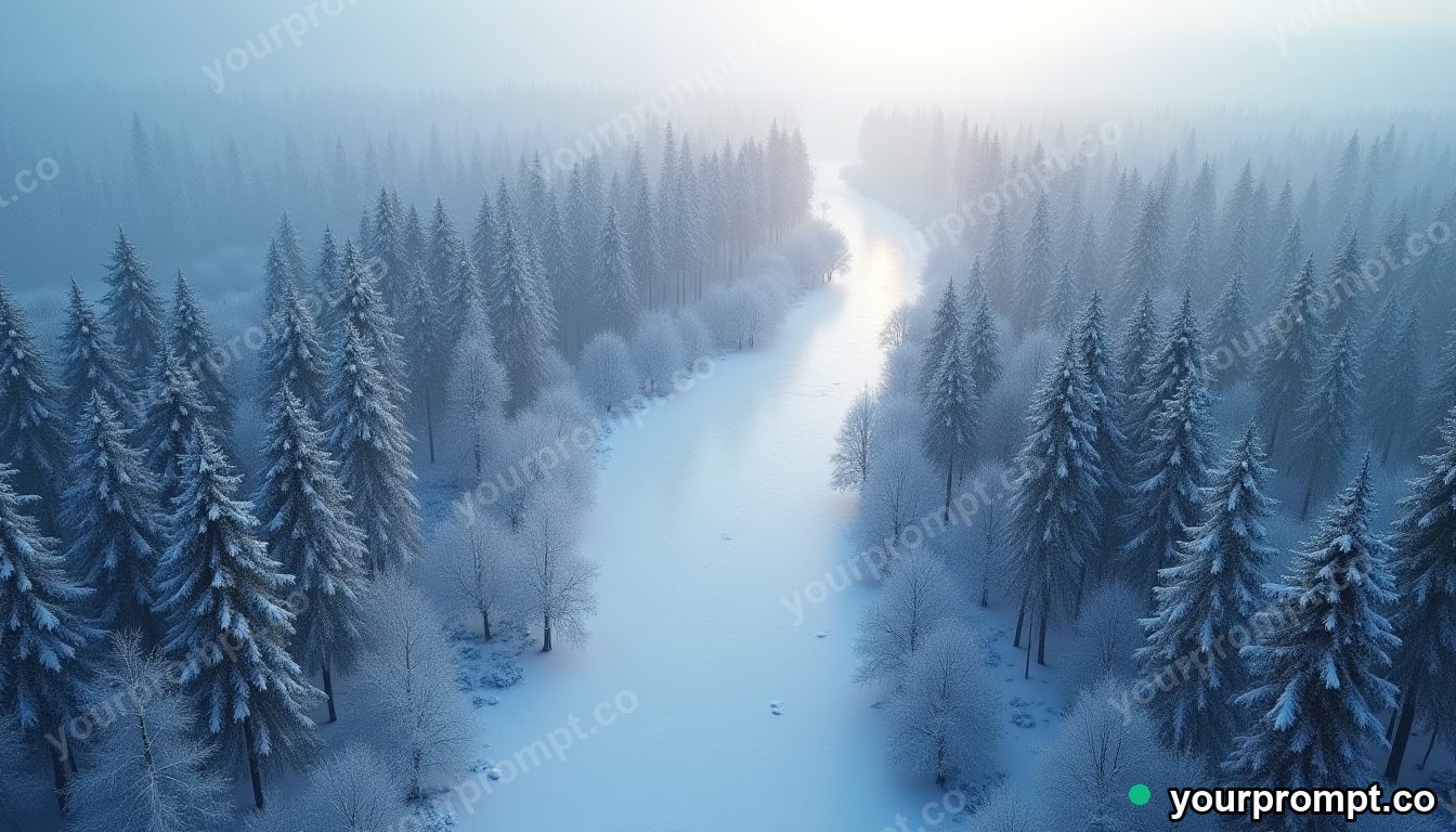 An aerial view of a snow-covered forest cut by a frozen river