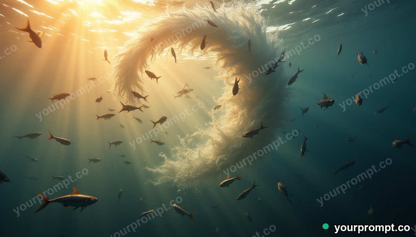 A school of silver fish swirling into a tornado