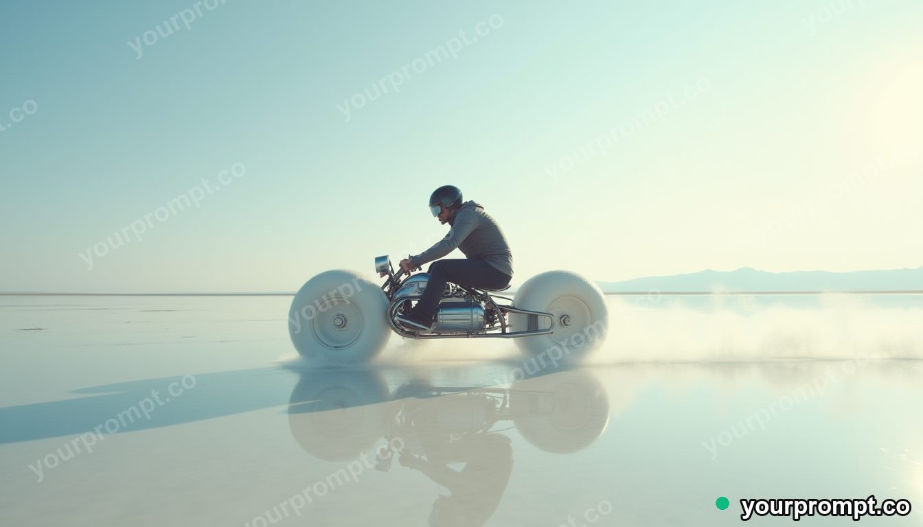 A monowheel racer speeding down a salt flat