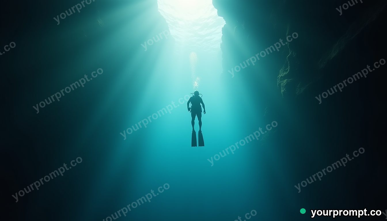 A diver silhouetted in a cathedral of light underwater