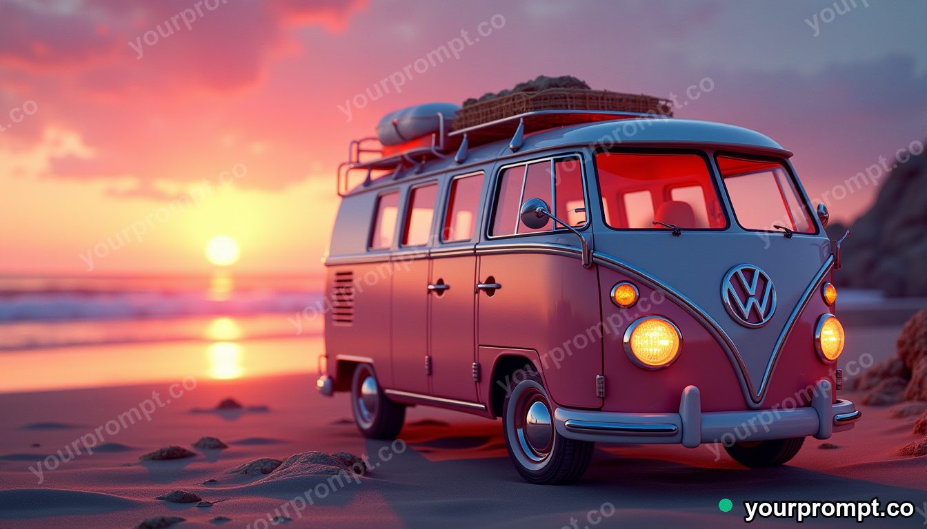 A vintage VW camper van parked at a beach sunset