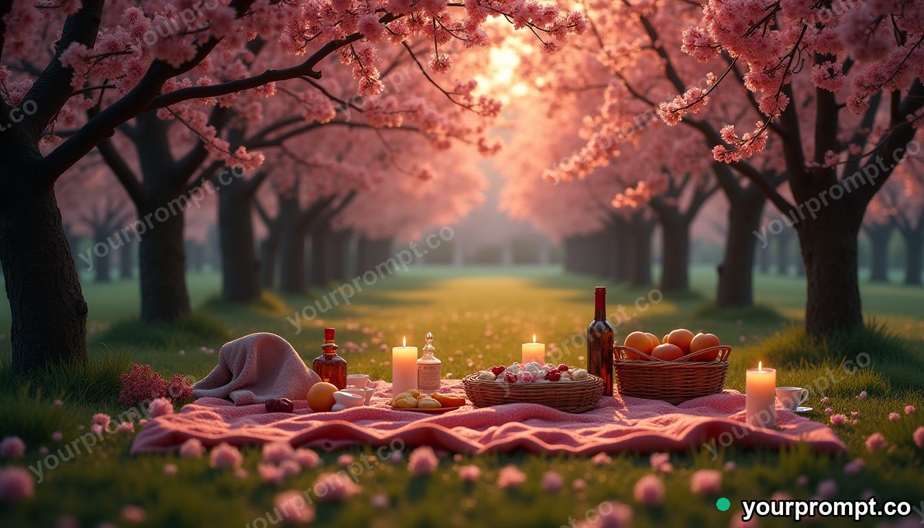A spring picnic among blooming cherry trees