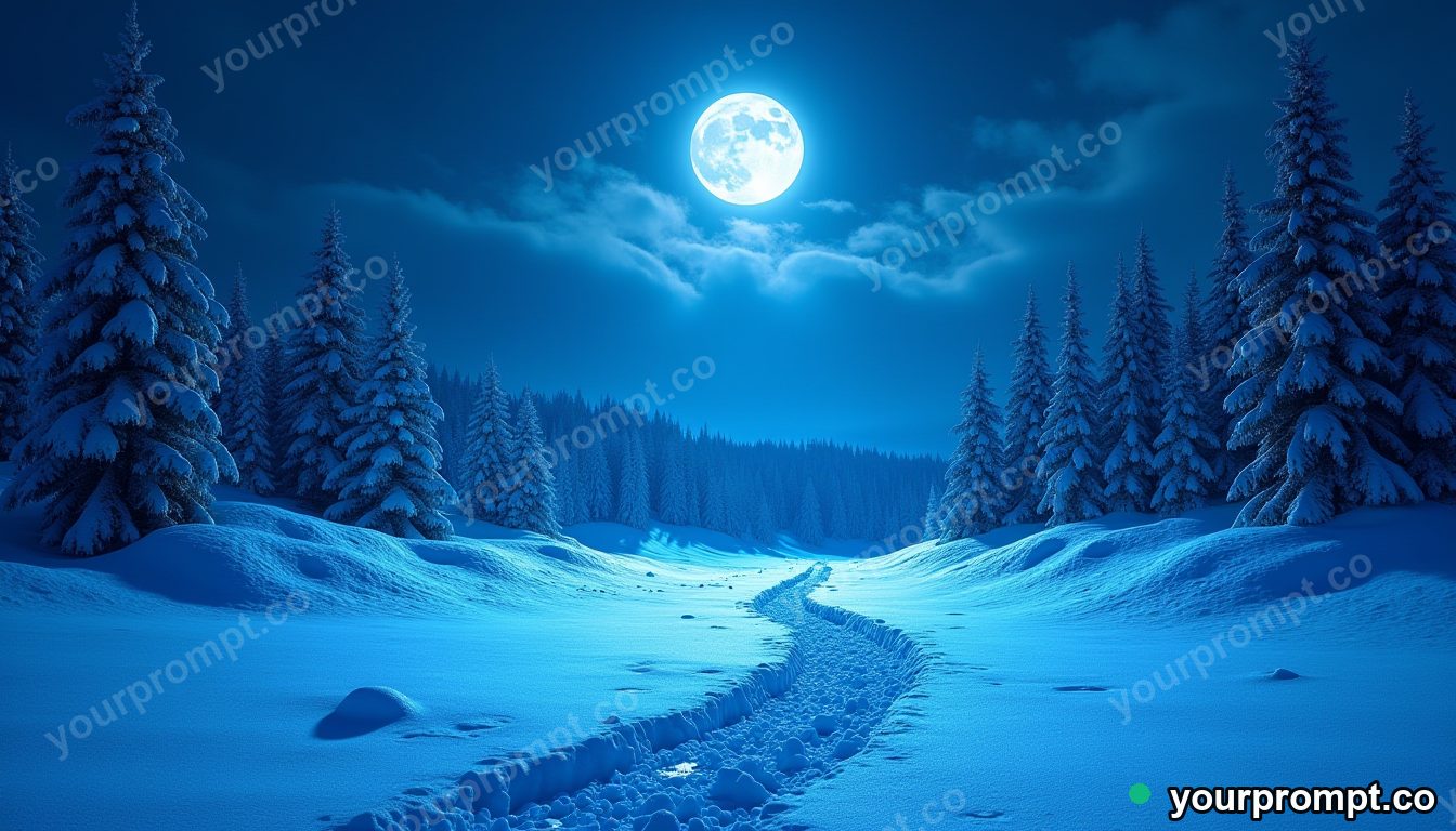 A moonlit snowfield with long blue shadows