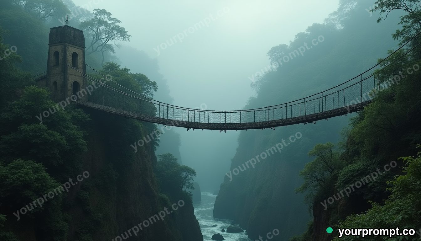 An old rope bridge over a jungle gorge