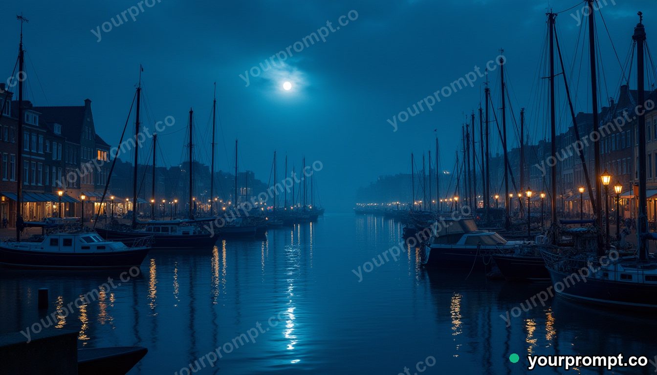 A harbor of boats lit by lanterns at midnight