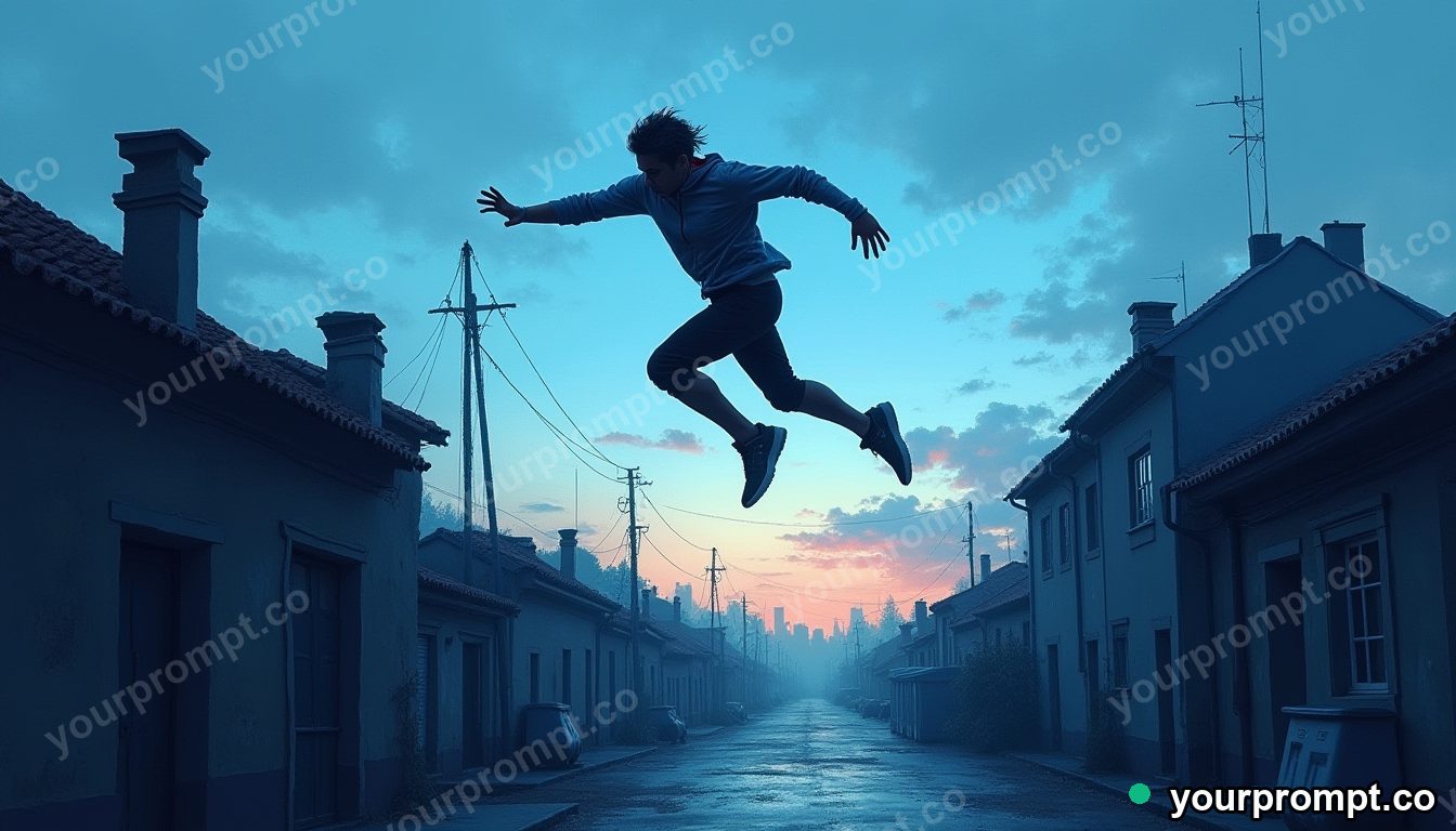 A parkour runner leaping between rooftops at dusk
