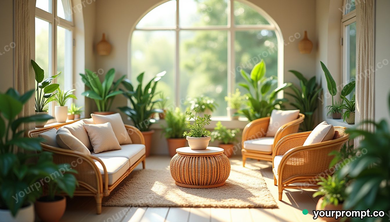 A plant-filled sunroom with rattan furniture