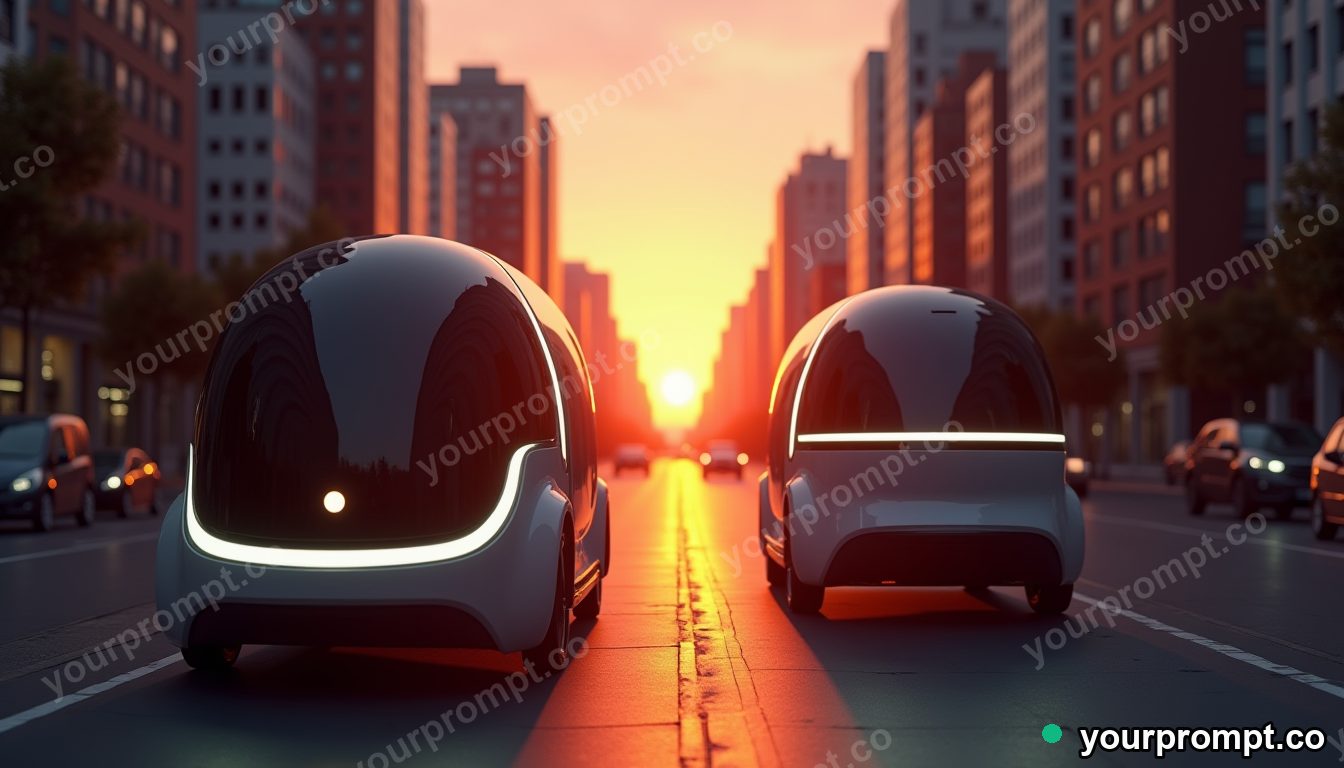 A smart city street with self-driving pods at dusk
