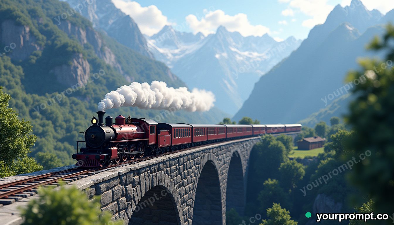 A steam locomotive crossing a stone viaduct in the mountains