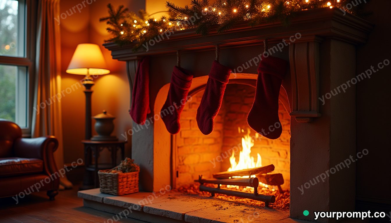 A cozy fireplace with stockings and warm light