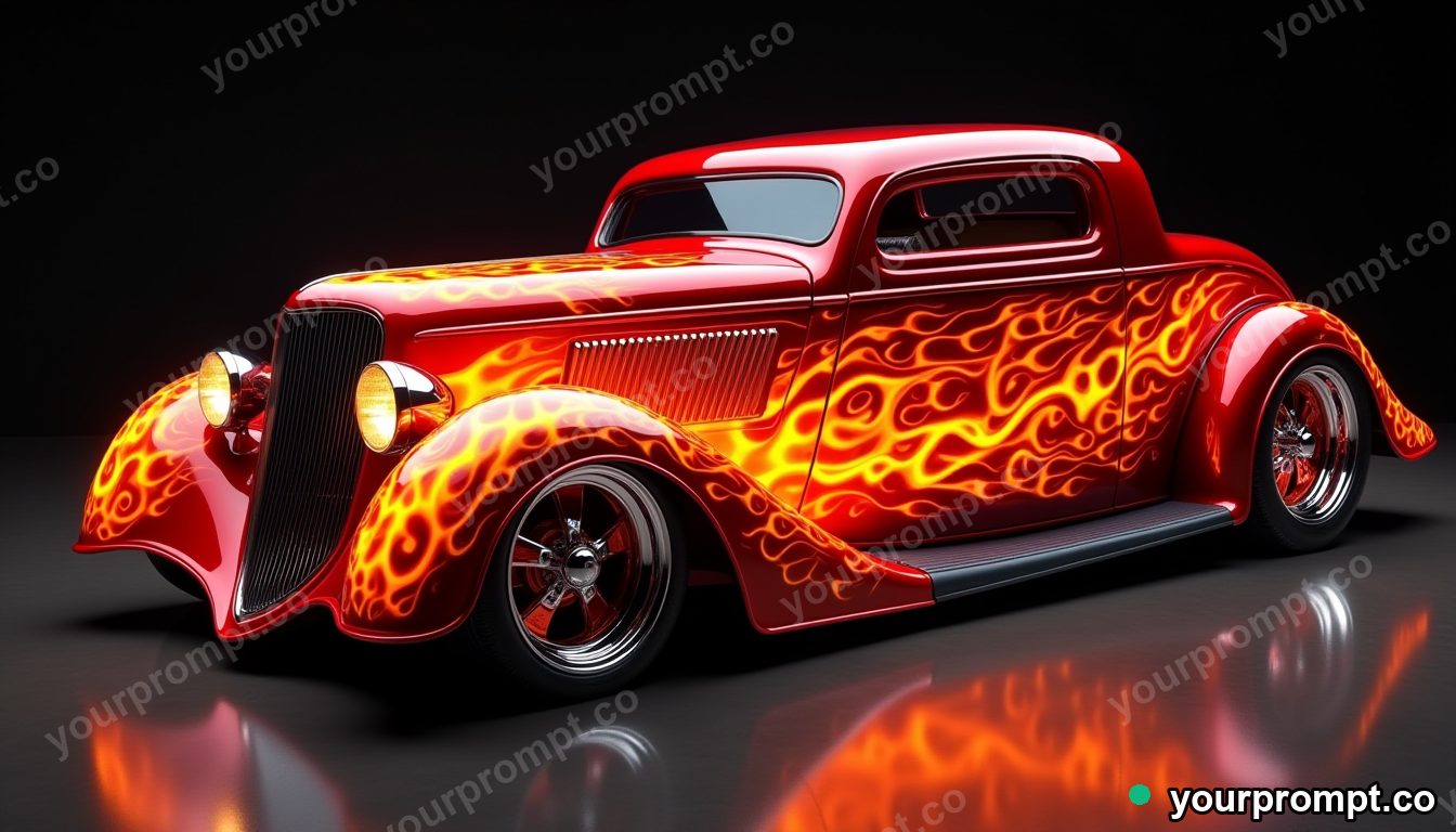 A flame-painted hot rod under studio lighting