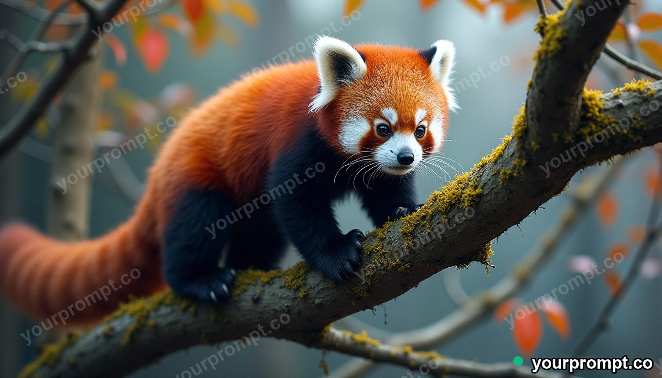 A red panda climbing a mossy branch
