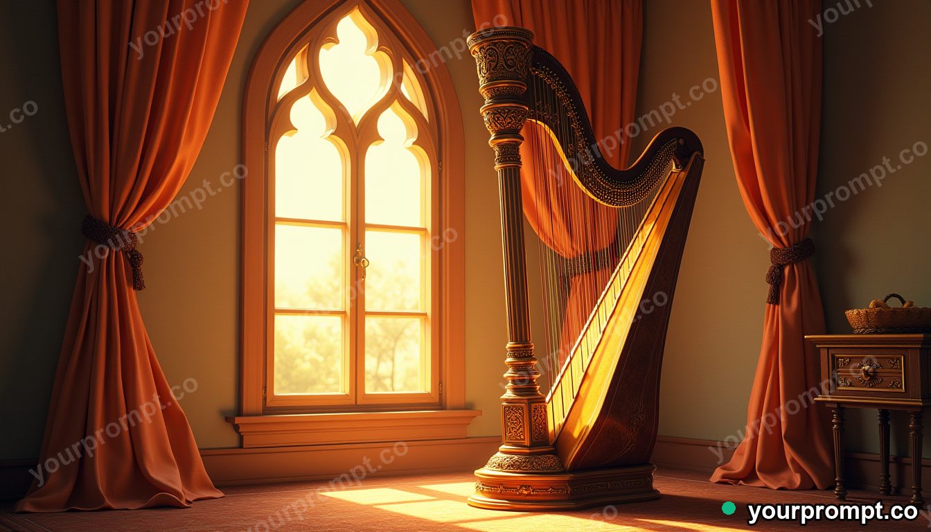 An ornate harp beside a sunlit window