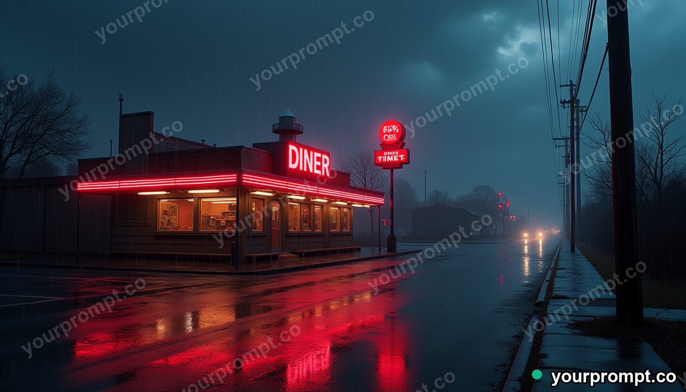 A neon diner glowing on an empty rainy street