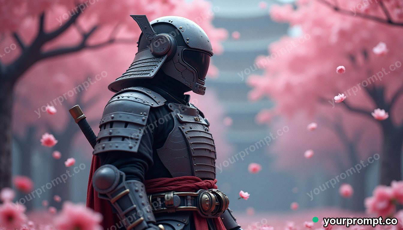 A cyborg samurai under falling cherry blossoms