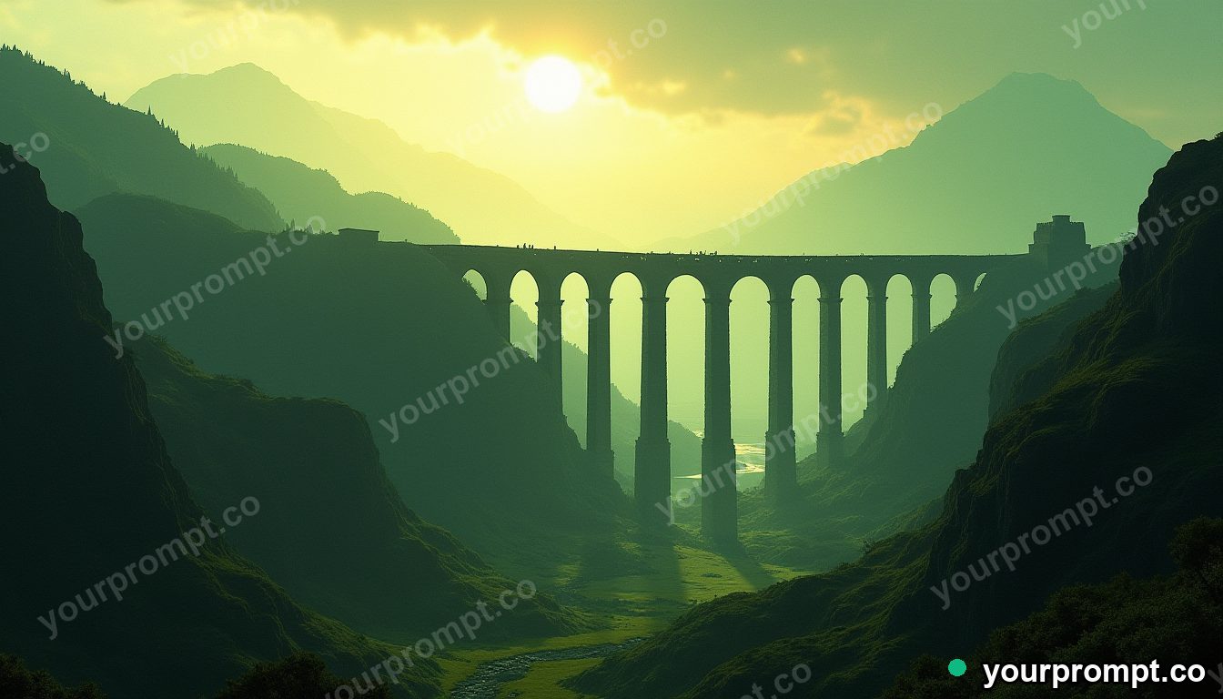 A Roman stone aqueduct over a green valley