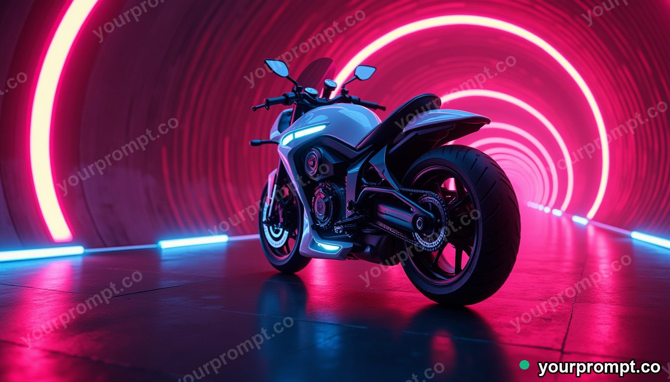 A futuristic electric superbike in a neon tunnel