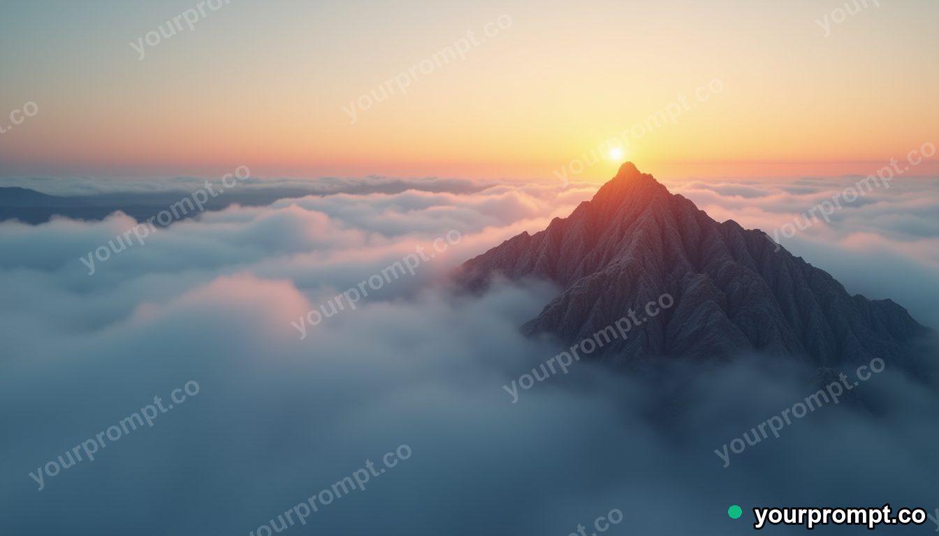 A sea of clouds below a mountain summit at sunrise