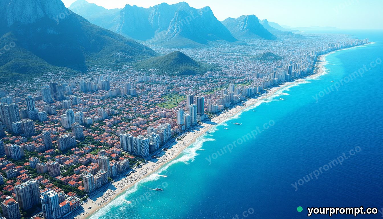 An aerial view of a coastal city meeting a deep blue sea