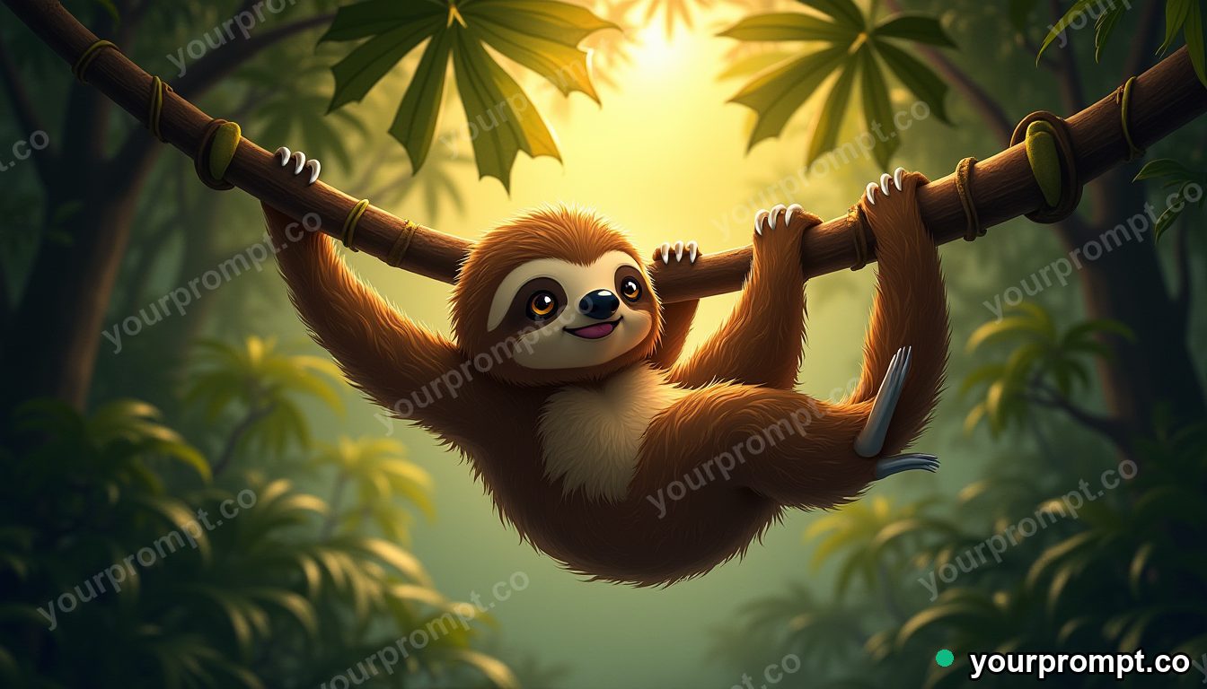 A sloth hanging lazily from a rainforest vine