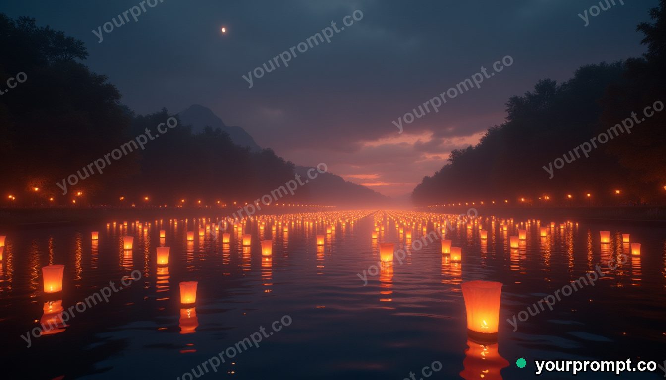 A lantern festival floating glowing lights on a river