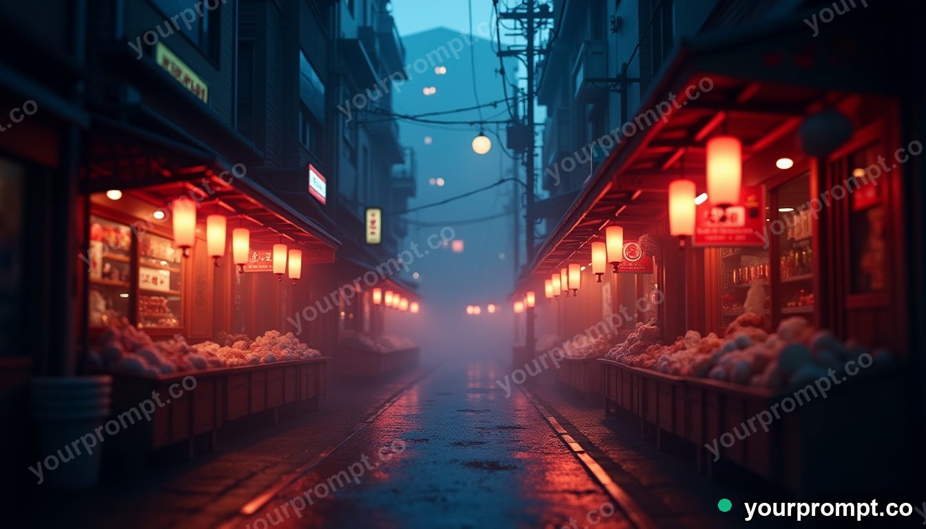 A glowing night market in a narrow Tokyo alley
