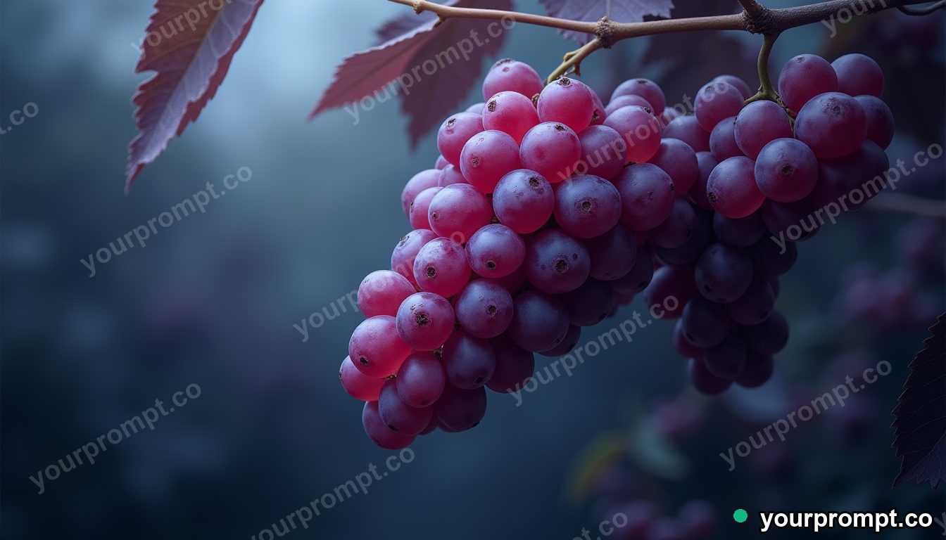 A bunch of purple grapes glistening on the vine