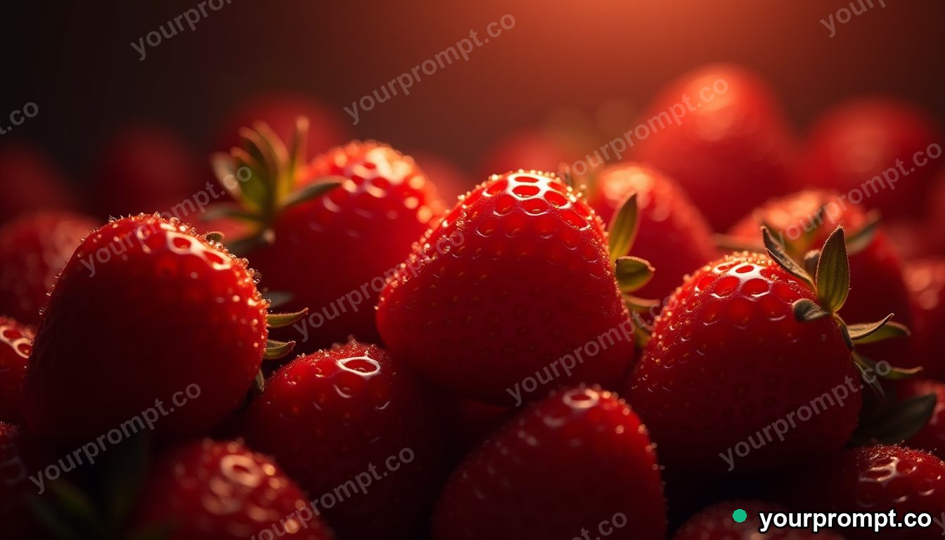 A cluster of dewy red strawberries, macro