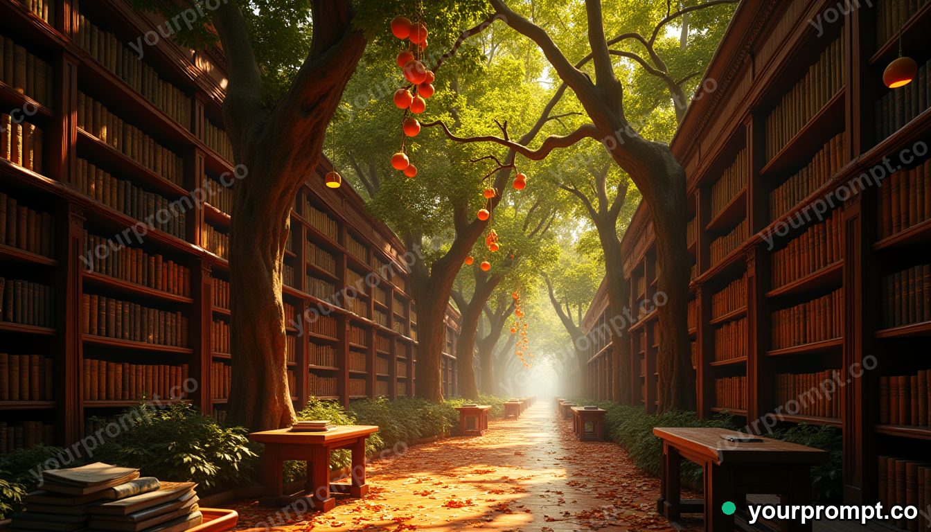 A library where books grow on trees like glowing fruit