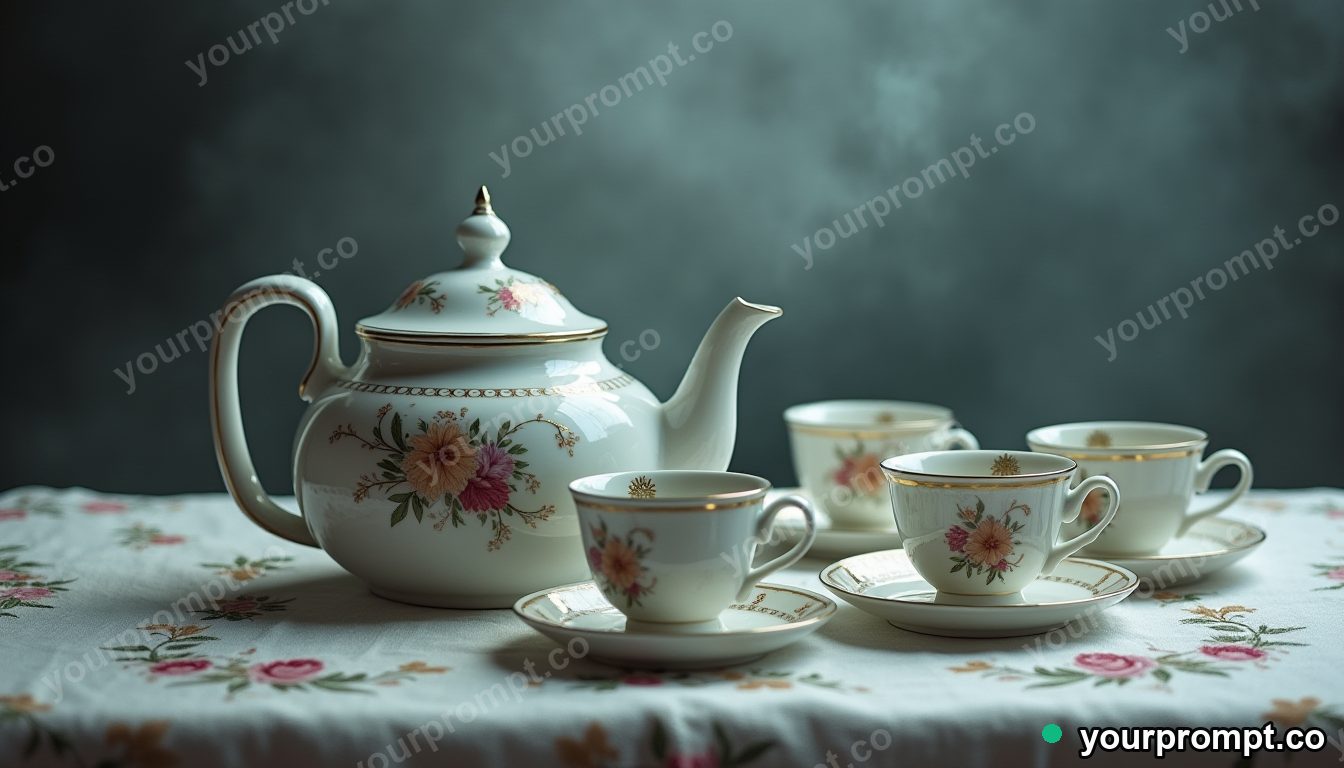 A teapot and porcelain cups on an embroidered cloth