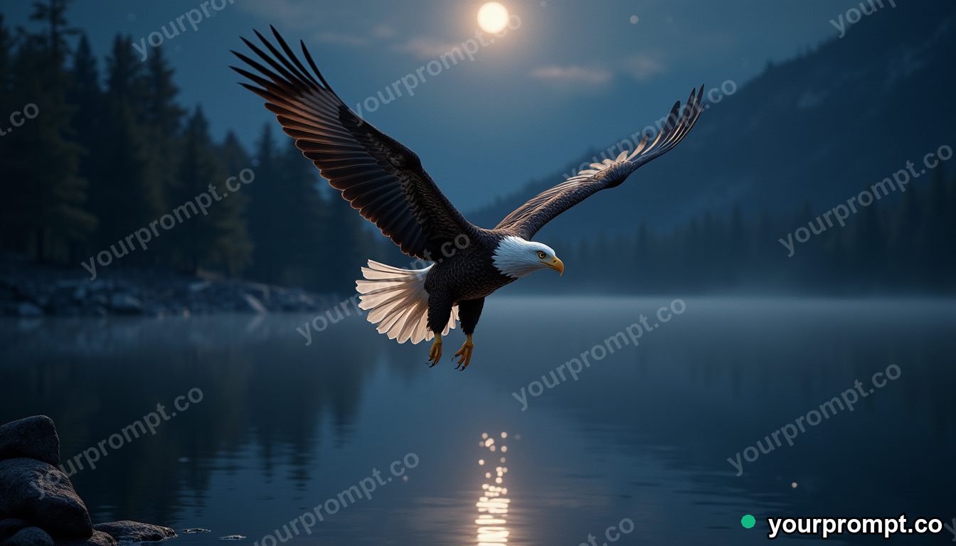A bald eagle diving toward a lake