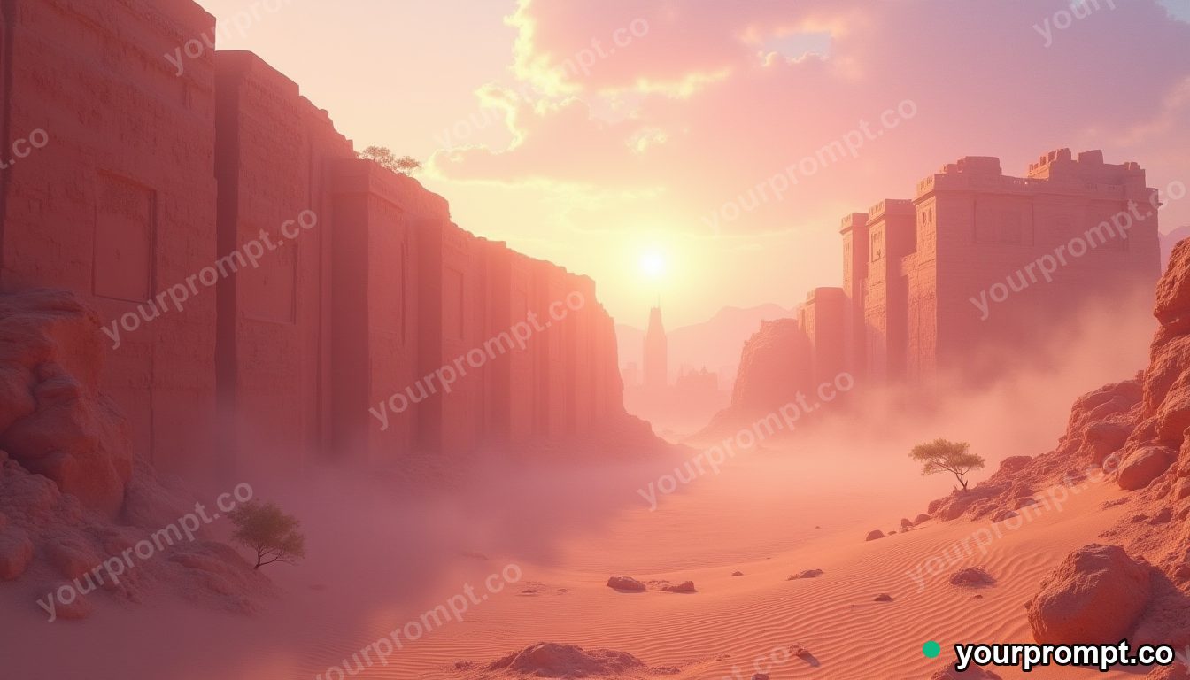 A sandstorm wall rolling toward an ancient city