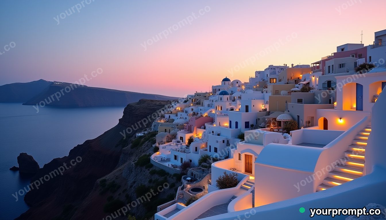 A white-and-blue Santorini cliffside at sunset