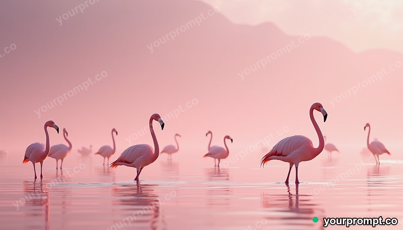 A flock of flamingos wading in a pink lagoon
