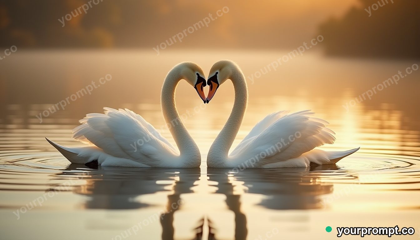 A pair of swans forming a heart on still water