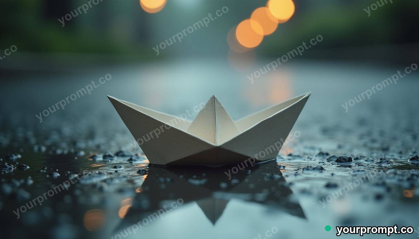 A paper boat sailing a rain puddle, macro and whimsical
