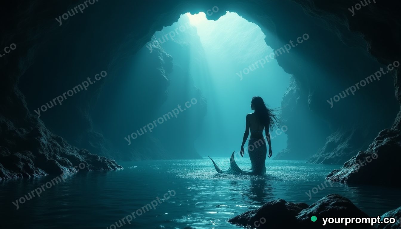 A shimmering mermaid in a glowing underwater grotto