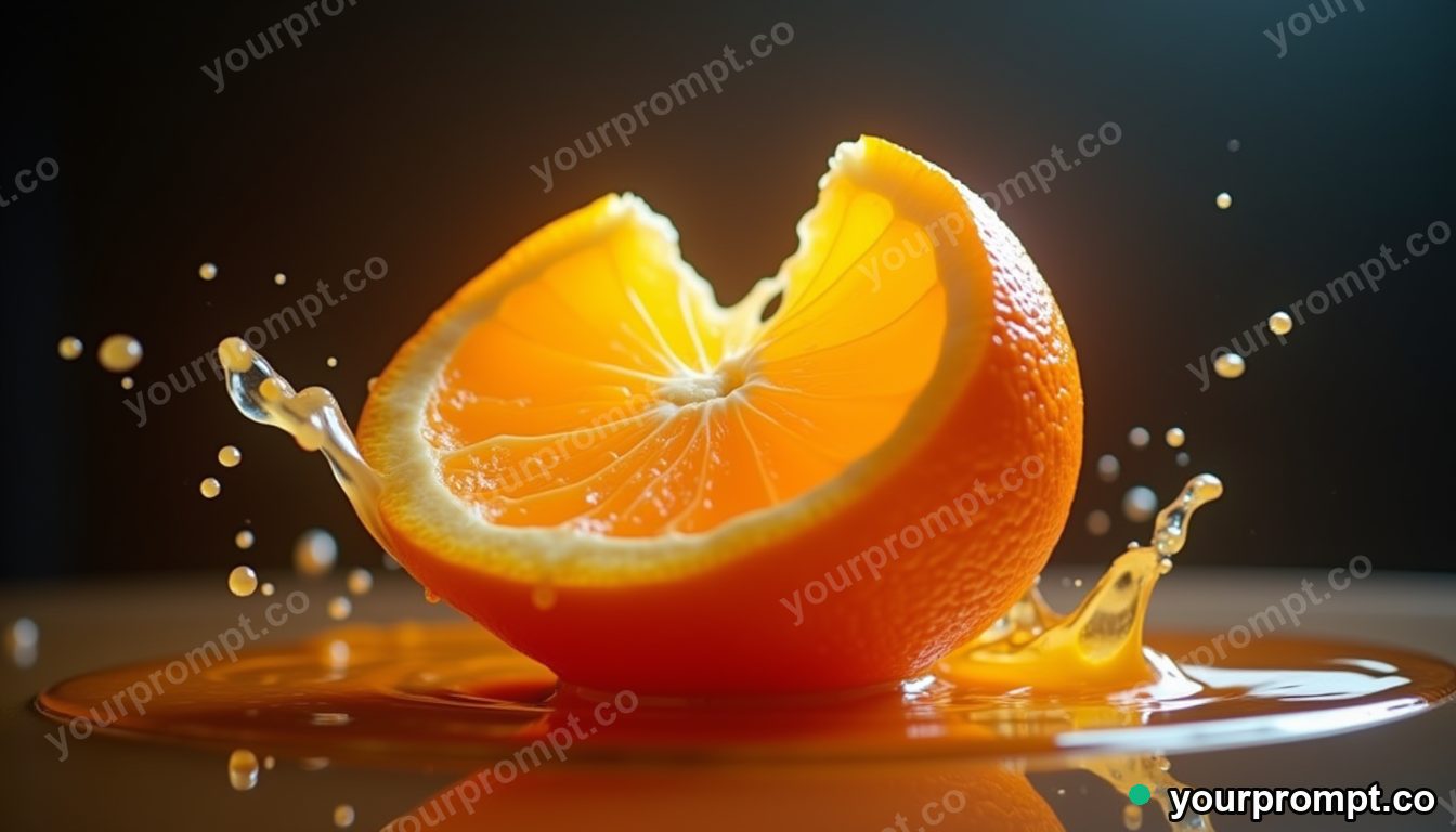 A peeled orange with juice splashing