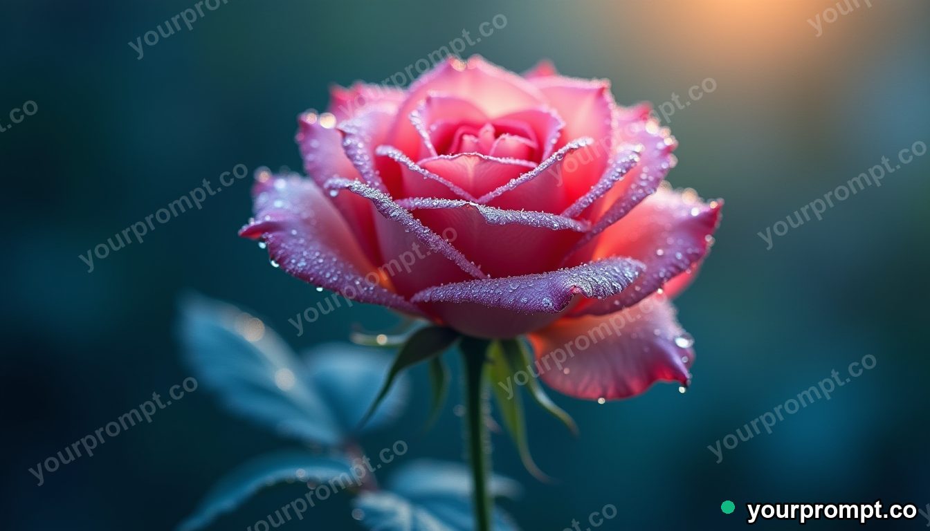 A single dew-covered rose in soft morning light, macro