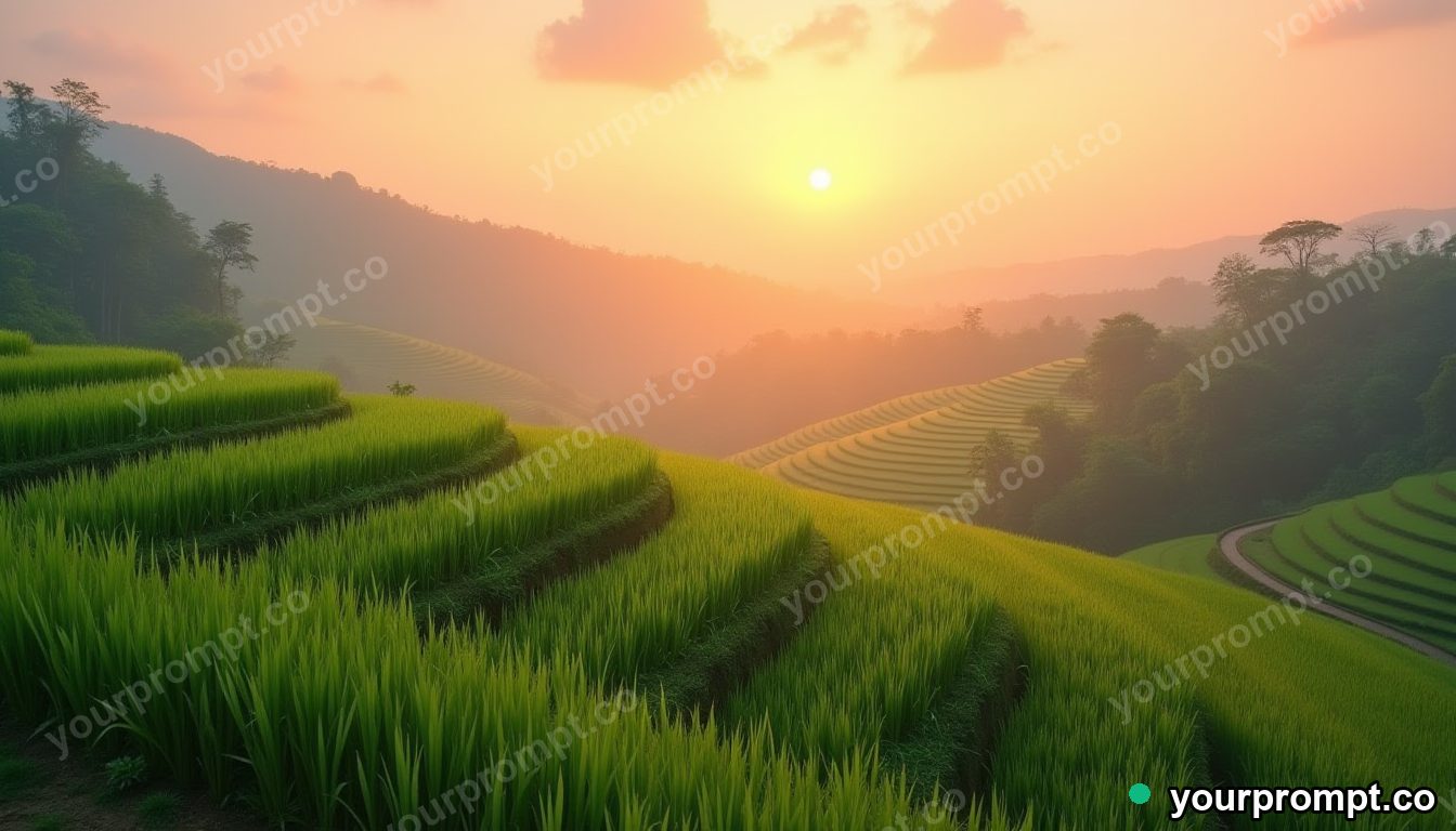 A terraced rice field at sunrise in Bali