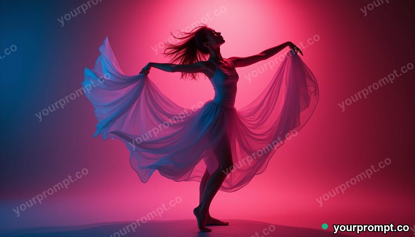 A young dancer mid-spin with flowing fabric, fictional